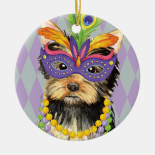 Mardi Gras Yorkie Ceramic Tree Decoration
