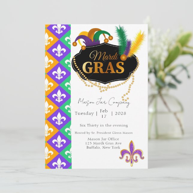 Mardi Grass Fleur de Lis Company Party Invitation (Standing Front)