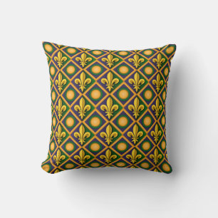 Mardi grass pattern with golden fleur-de-lis cushion