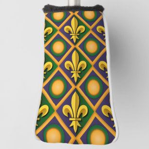 Mardi grass pattern with golden fleur-de-lis golf head cover