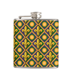 Mardi grass pattern with golden fleur-de-lis hip flask
