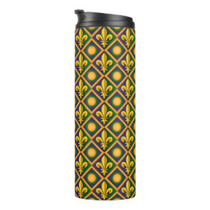 Mardi grass pattern with golden fleur-de-lis thermal tumbler