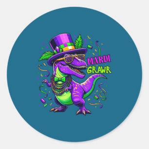Mardi Grawr T-rex Dino Mardi Gras Dinosaur Beads M Classic Round Sticker