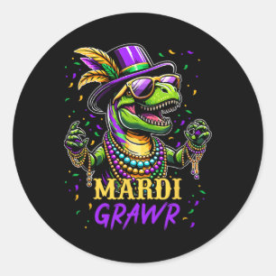 Mardi Grawr T Rex Dinosaur Mardi Gras Bead Costume Classic Round Sticker