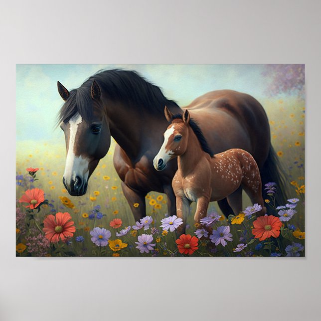 Mare and Foal in a Field of Flowers Poster (Front)