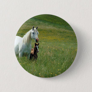 Mare and Foal in Tall Grass 6 Cm Round Badge