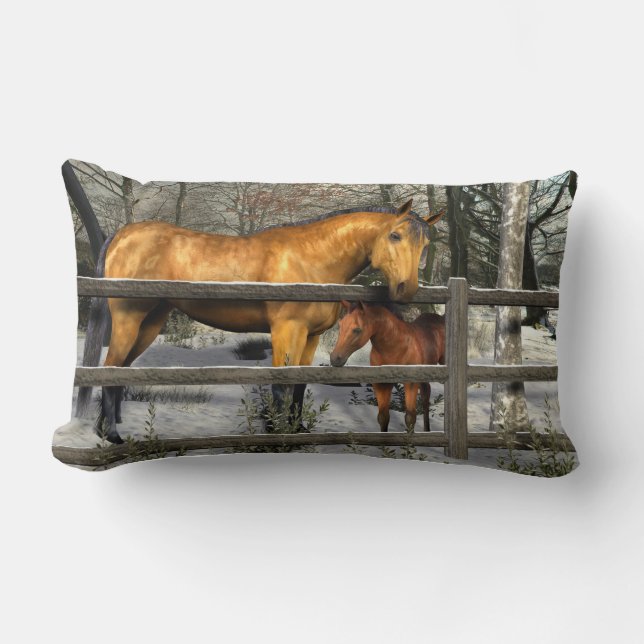 Mare and Foal in Winter Lumbar Pillow (Front)