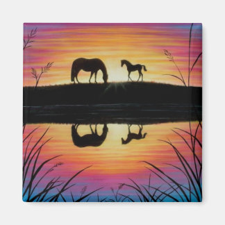 Mare and Foal Sunrise horse magnet square