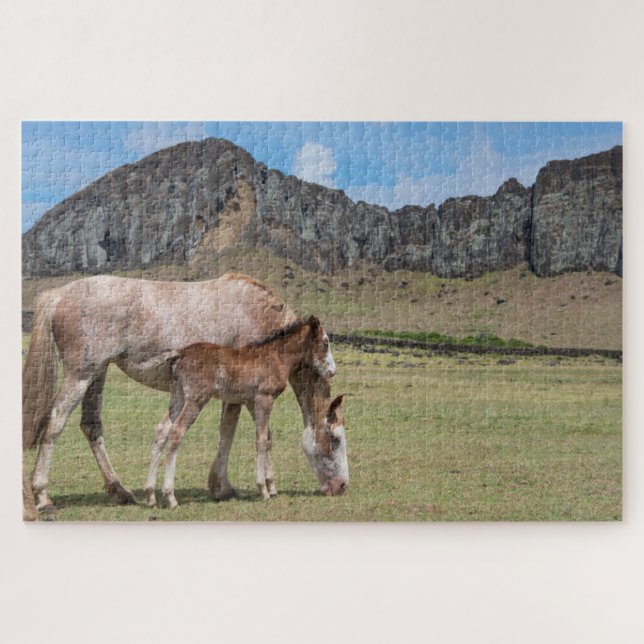 Mare & Colt at Volcanic Crater of Rano Raraku Jigsaw Puzzle (Horizontal)