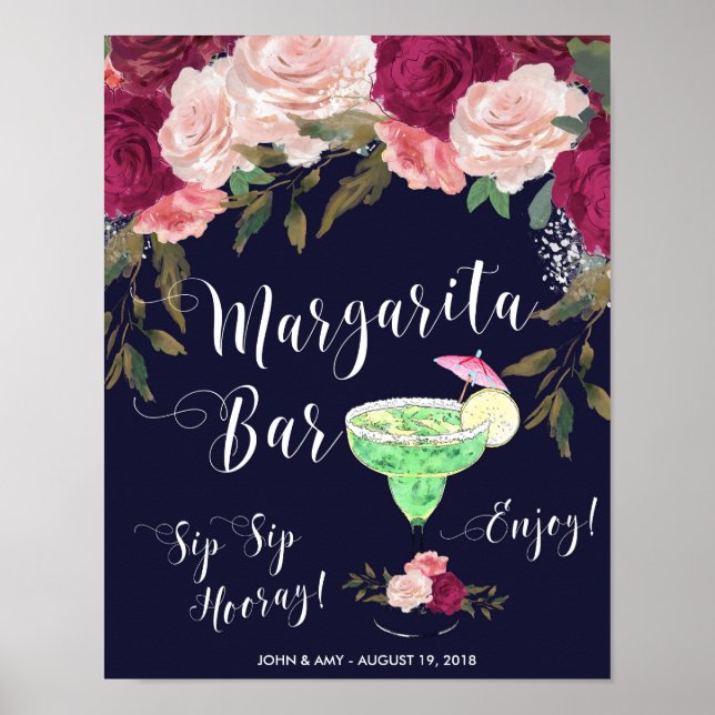 Margarita bar sign wedding navy pink floral (Front)