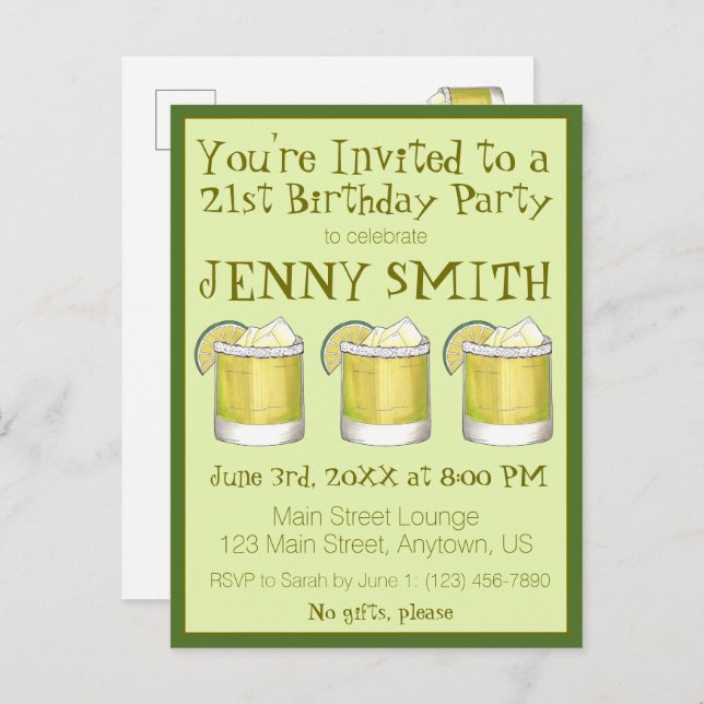 Margarita Cocktail 21st Birthday Bachelorette Invitation Postcard (Front/Back)
