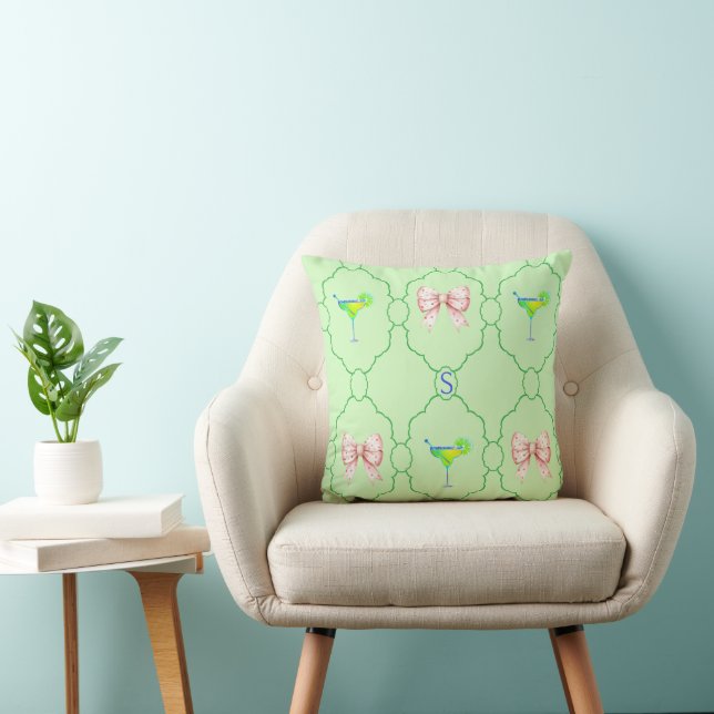 Margarita Glass Green Lemon Pink Bow Monogram Cushion (Chair)