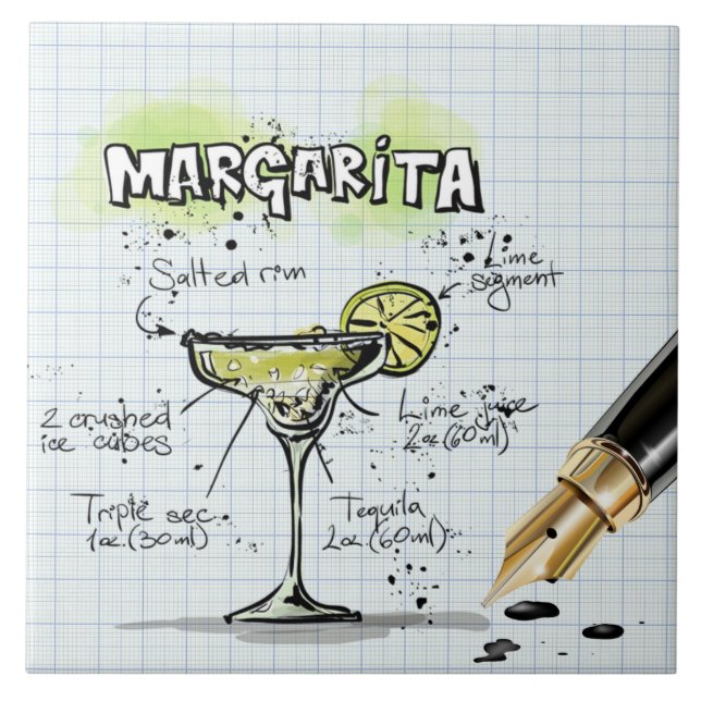 Margarita Recipe Drawing Bar Ceramic Tile (Front)
