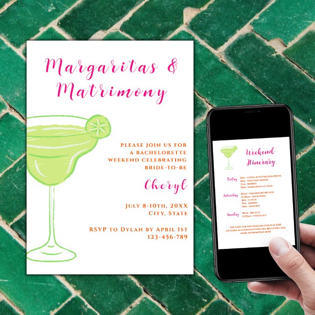 Margaritas And Matrimony Bachelorette Weekend Invitation (Margaritas and Matrimony Bachelorette Weekend Itinerary Vibrant Hot pink and orange)
