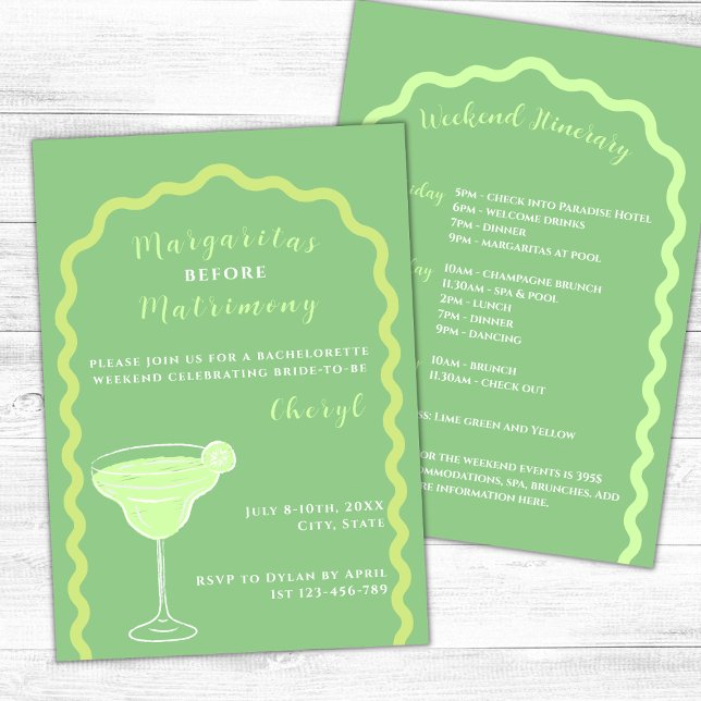 Margaritas And Matrimony Bachelorette Weekend Invitation (Margaritas and matrimony bachelorette weekend lime green wavy arch margarita glass)