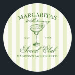 Margaritas and Matrimony Green Striped Classic Round Sticker<br><div class="desc">Get ready to celebrate the bride-to-be with an unforgettable weekend! Introducing our "Margaritas & Matrimony" bachelorette weekend design, created to make every moment of your celebration as special as the bride herself. This elegant collection features a vintage inspired green hand drawn illustration of a margarita cocktail glass on a soft...</div>