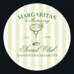 Margaritas and Matrimony Green Striped Classic Round Sticker<br><div class="desc">Get ready to celebrate the bride-to-be with an unforgettable weekend! Introducing our "Margaritas & Matrimony" bachelorette weekend design, created to make every moment of your celebration as special as the bride herself. This elegant collection features a vintage inspired green hand drawn illustration of a margarita cocktail glass on a soft...</div>