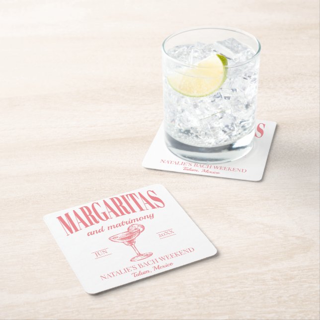 Margaritas And Matrimony Personalised Bachelorette Square Paper Coaster (Insitu)