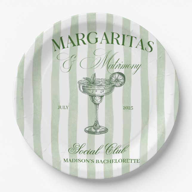 Margaritas and Matrimony Striped Bachelorette Paper Plate (Front)