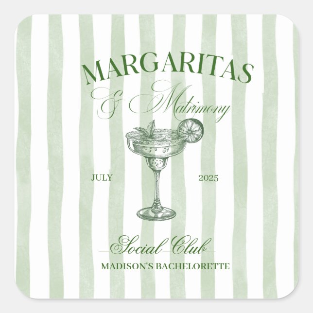 Margaritas and Matrimony Striped Bachelorette Square Sticker (Front)