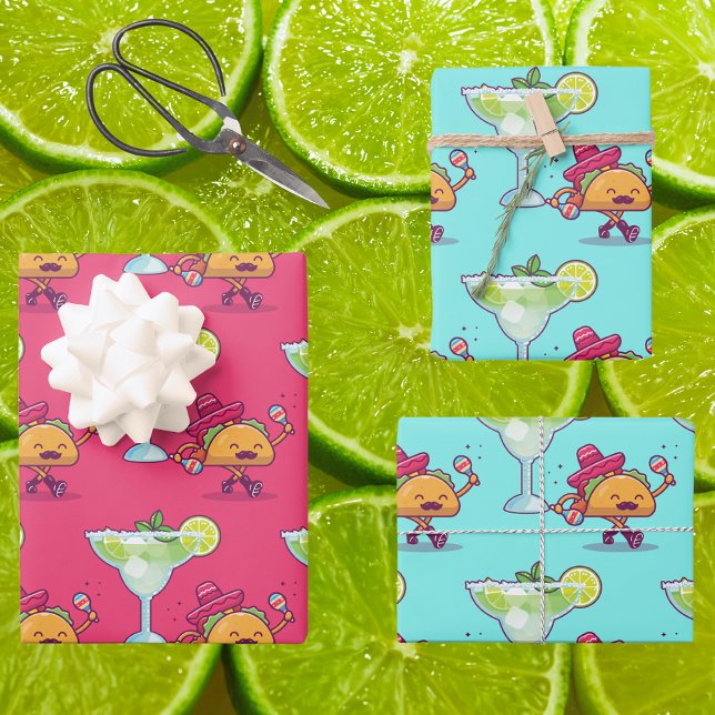Margaritas and Tacos Pink and Blue Birthday Wrapping Paper Sheet (Creator Uploaded)