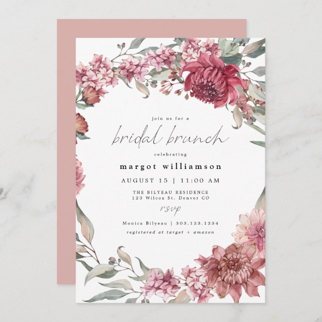 MARGOT Romantic Dusty Rose Blush Bridal Brunch Invitation (Front/Back)