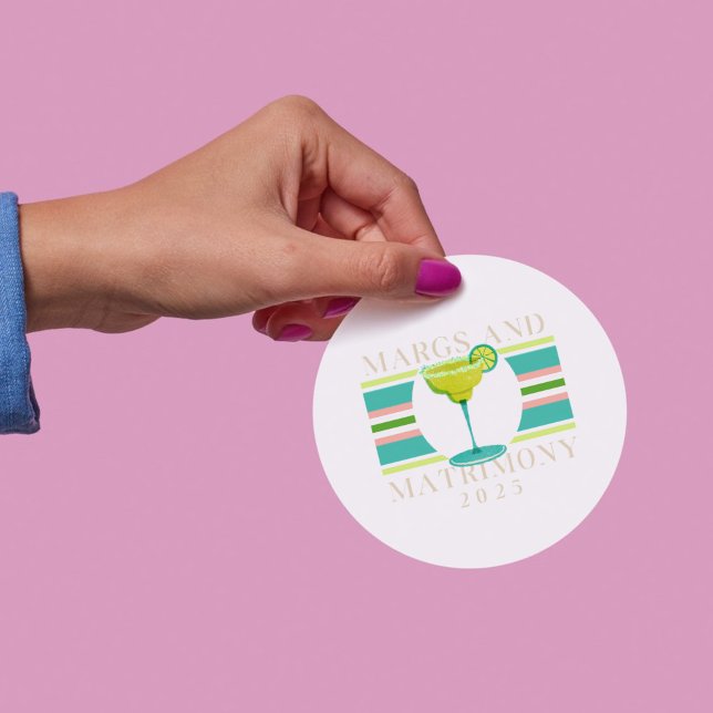 Margs and Matrimony – 2025 Bachelorette Classic Round Sticker (This vibrant and playful design is perfect for bachelorette parties and beach bashes. )