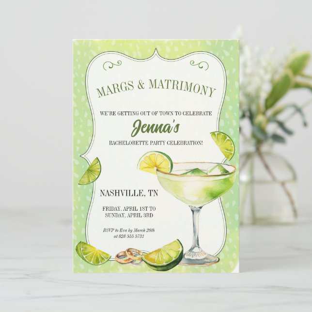 Margs and Matrimony Bachelorette Party Itinerary  Invitation (Standing Front)