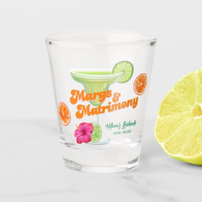 Margs And Matrimony Bachelorette party  Shot Glass (Front)