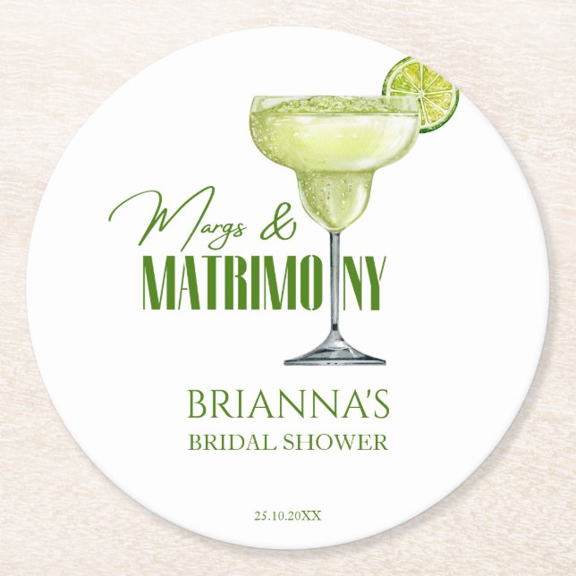 Margs and matrimony bridal shower monogrammed round paper coaster (Front)