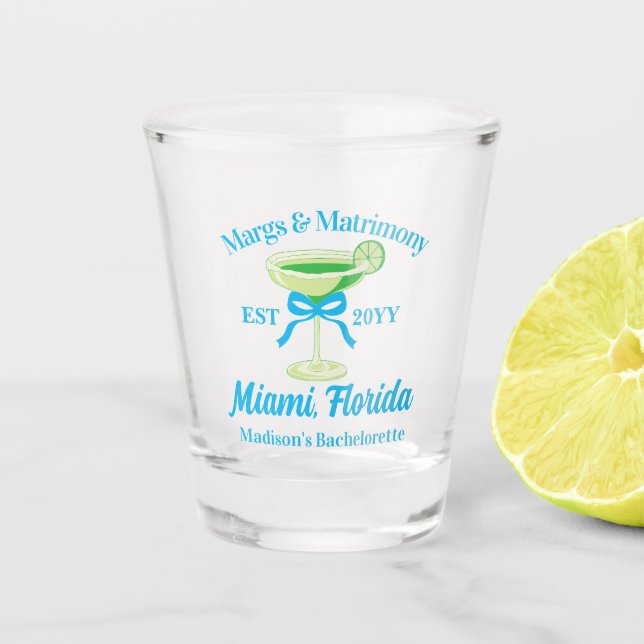 Margs and Matrimony Margaritas Bachelorette Party Shot Glass (Front)