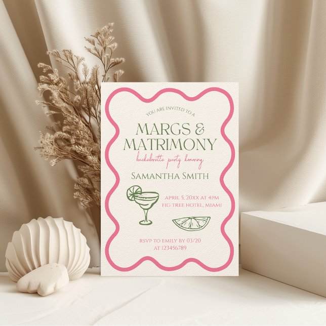 Margs & Matrimony Bachelorette Party Hand Drawn Invitation (Margs & Matrimony Pink and Green Bachelorette Party Invitation Wavy Frame Hand Drawn Funky)