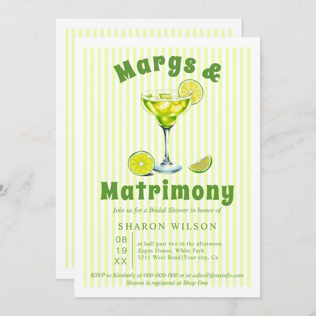 Margs & Matrimony cocktail stripes bridal shower I Invitation (Front/Back)