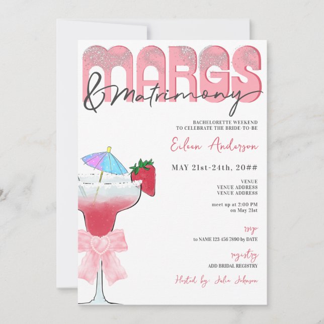 Margs & Matrimony Coquette Bow Bachelorette Party Invitation (Front)