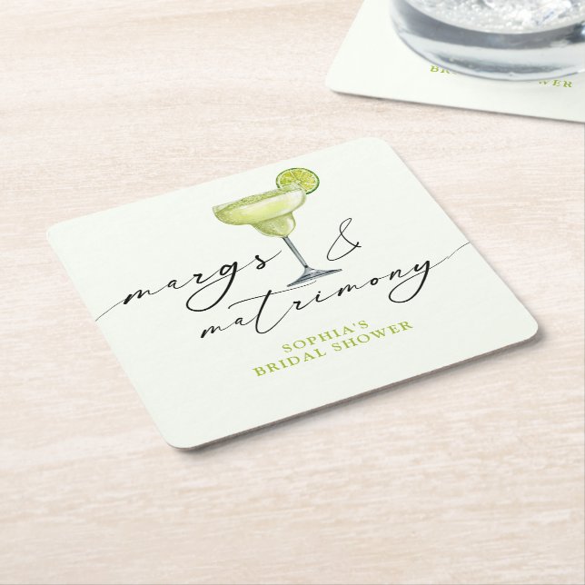 Margs & Matrimony Green Lime Bridal Shower Square Paper Coaster (Angled)