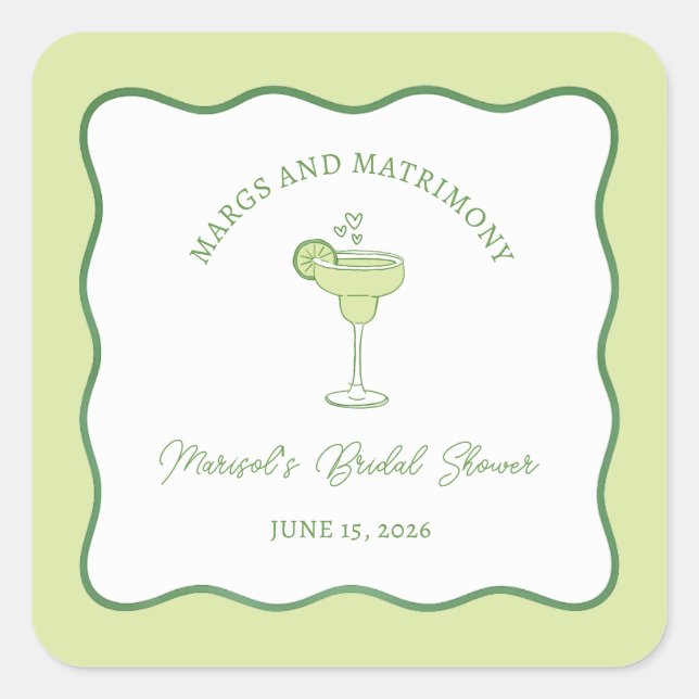 "Margs & Matrimony" Lime Margarita Bridal Shower Square Sticker (Front)