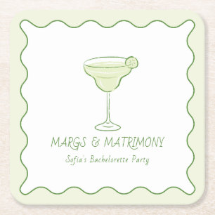 "Margs & Matrimony" Modern Lime Bachelorette Party Square Paper Coaster
