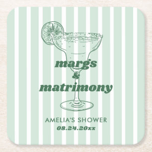 Margs & Matrimony Retro Bachelorette Bridal Shower Square Paper Coaster