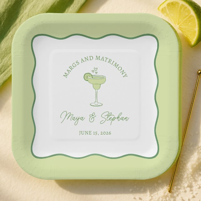 "Margs & Matrimony" Simple Lime Margarita Wedding Paper Plate (Creator Uploaded)