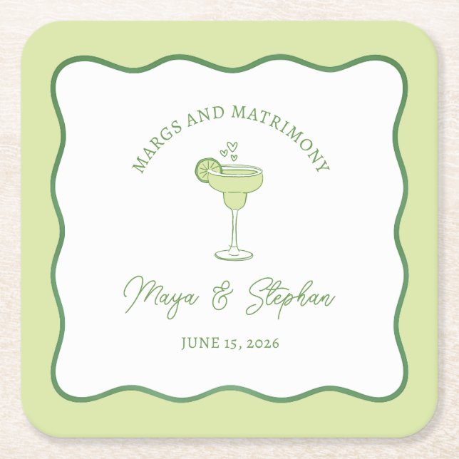 "Margs & Matrimony" Simple Lime Margarita Wedding Square Paper Coaster (Front)