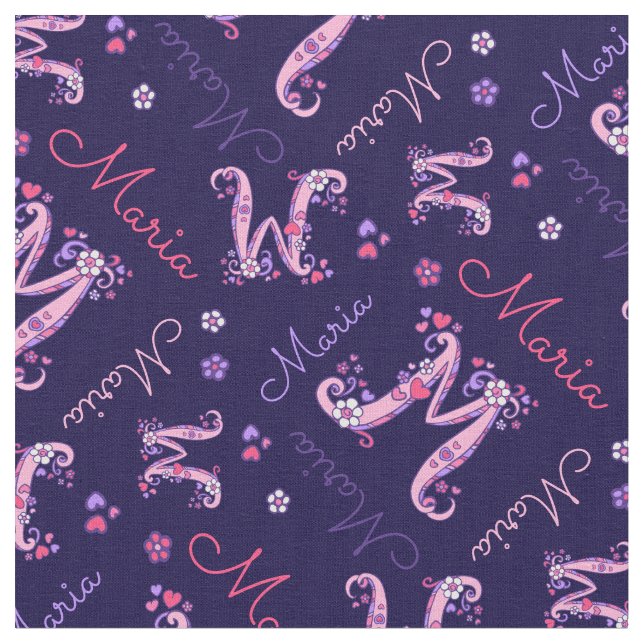 Maria letter m monogram heart flowers fabric (Close Up)