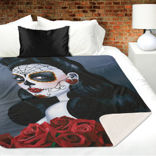 Maria Sugar Skull Red Roses Sherpa Blanket