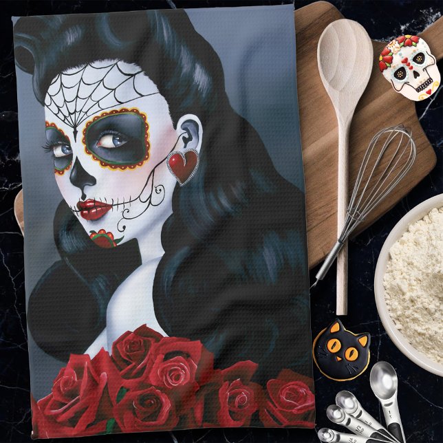Maria Sugar Skull Red Roses  Tea Towel (Creator Uploaded)