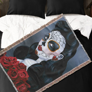 Maria Sugar Skull Red Roses Throw Blanket