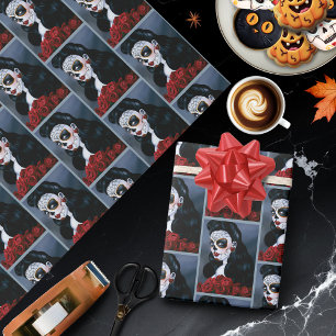 Maria Sugar Skull Red Roses Wrapping Paper