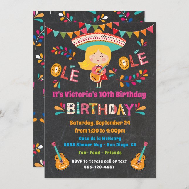Mariachi Girl Mexcian Fiesta Birthday Party Invitation (Front/Back)