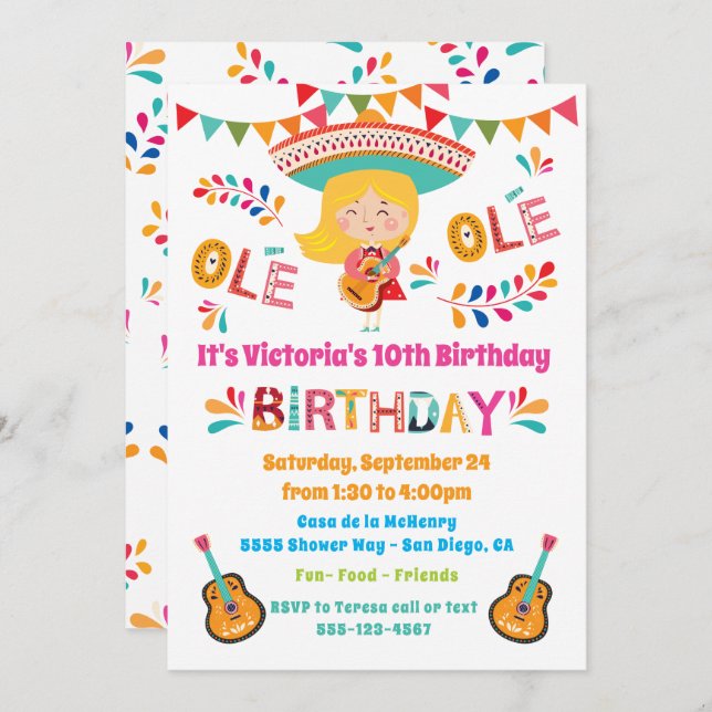 Mariachi Girl Mexcian Fiesta Birthday Party Invitation (Front/Back)