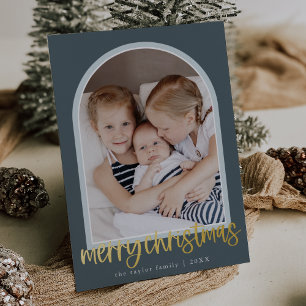 MARIAH Blue Foil Arch Family Photo Merry Christmas Foil Holiday Card