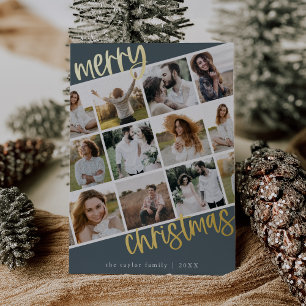 MARIAH Blue Gold Foil Fun Multi Photo Christmas Foil Holiday Card