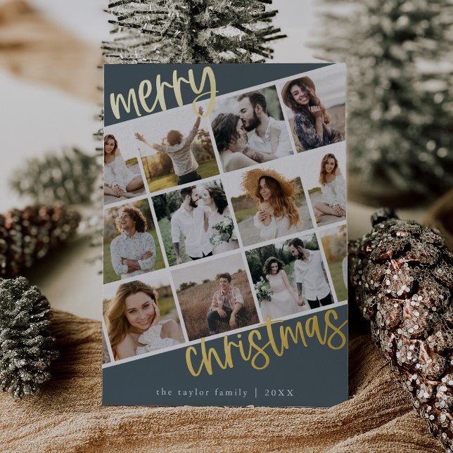 MARIAH Blue Gold Foil Fun Multi Photo Christmas Foil Holiday Card (MARIAH Blue Gold Foil Fun Multi Photo Christmas Foil Holiday Card)